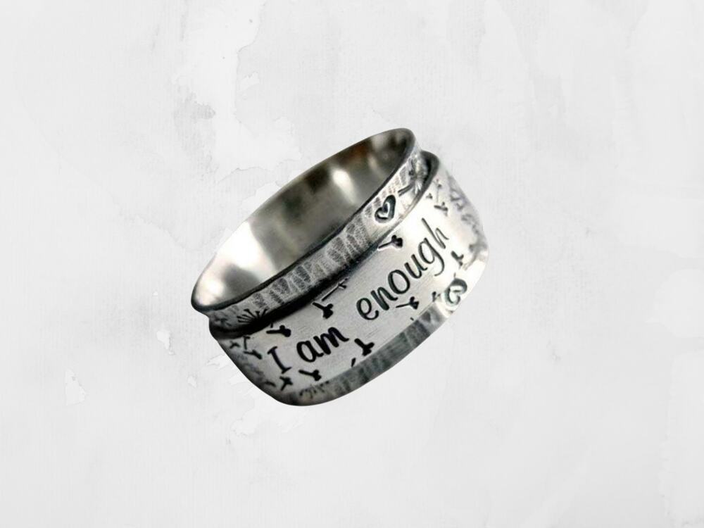 I Am Enough Silver Dandelion Ring, Boho Silver Mantra Ring
